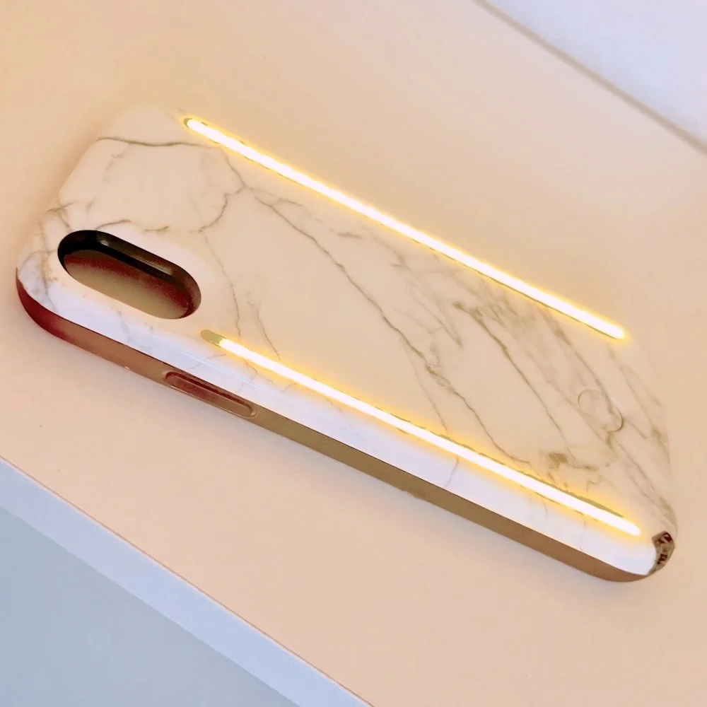 LUMEE Iphone X Lighted Duo Selfie Phone Case White Marble Influencer Cell Light